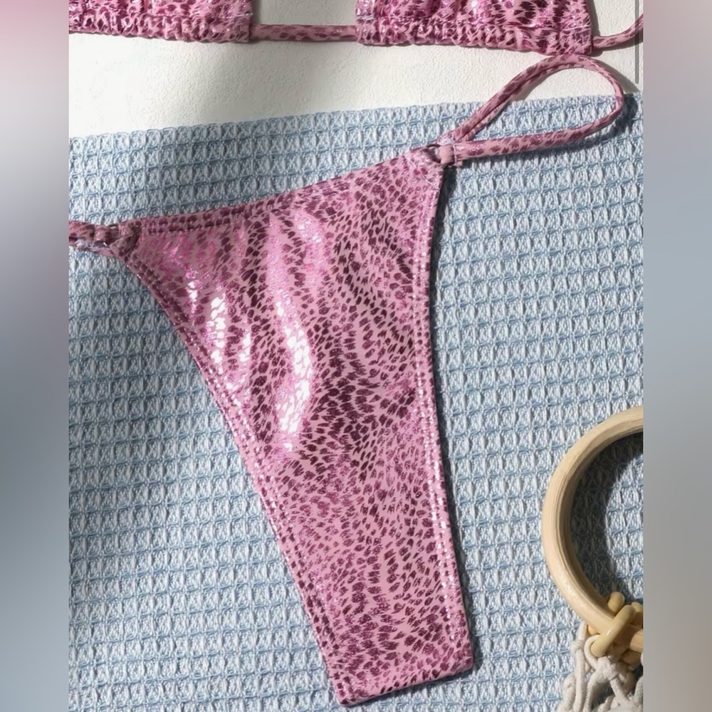 Pink Animal Print Halter Thong Bikini Set - Picture 8 of 10